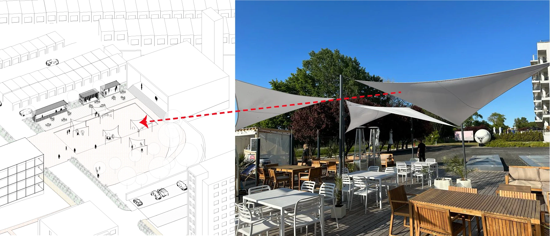 Varianta A: V prostoru u knihovny preferuji stín pod plachtami