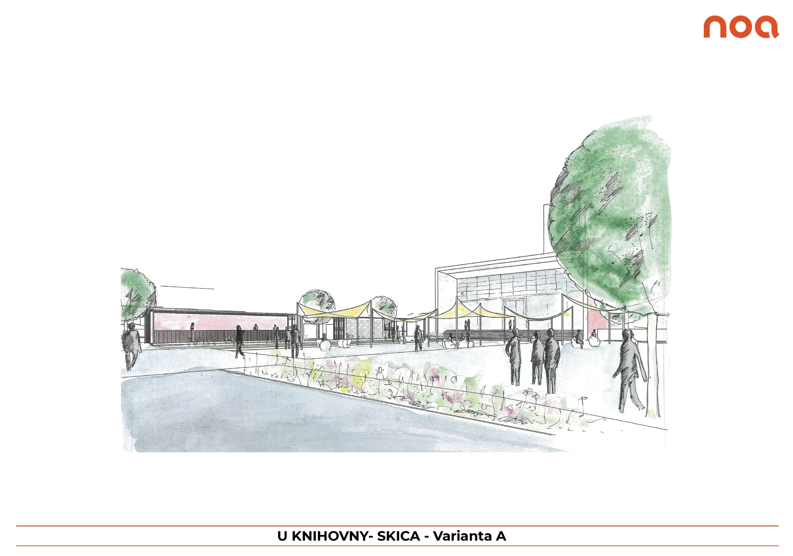 Varianta A: živý prostor s občanskou vybaveností (např. kavárnou), kavárenský mobiliář, stínící prvky a podpůrná role zeleně