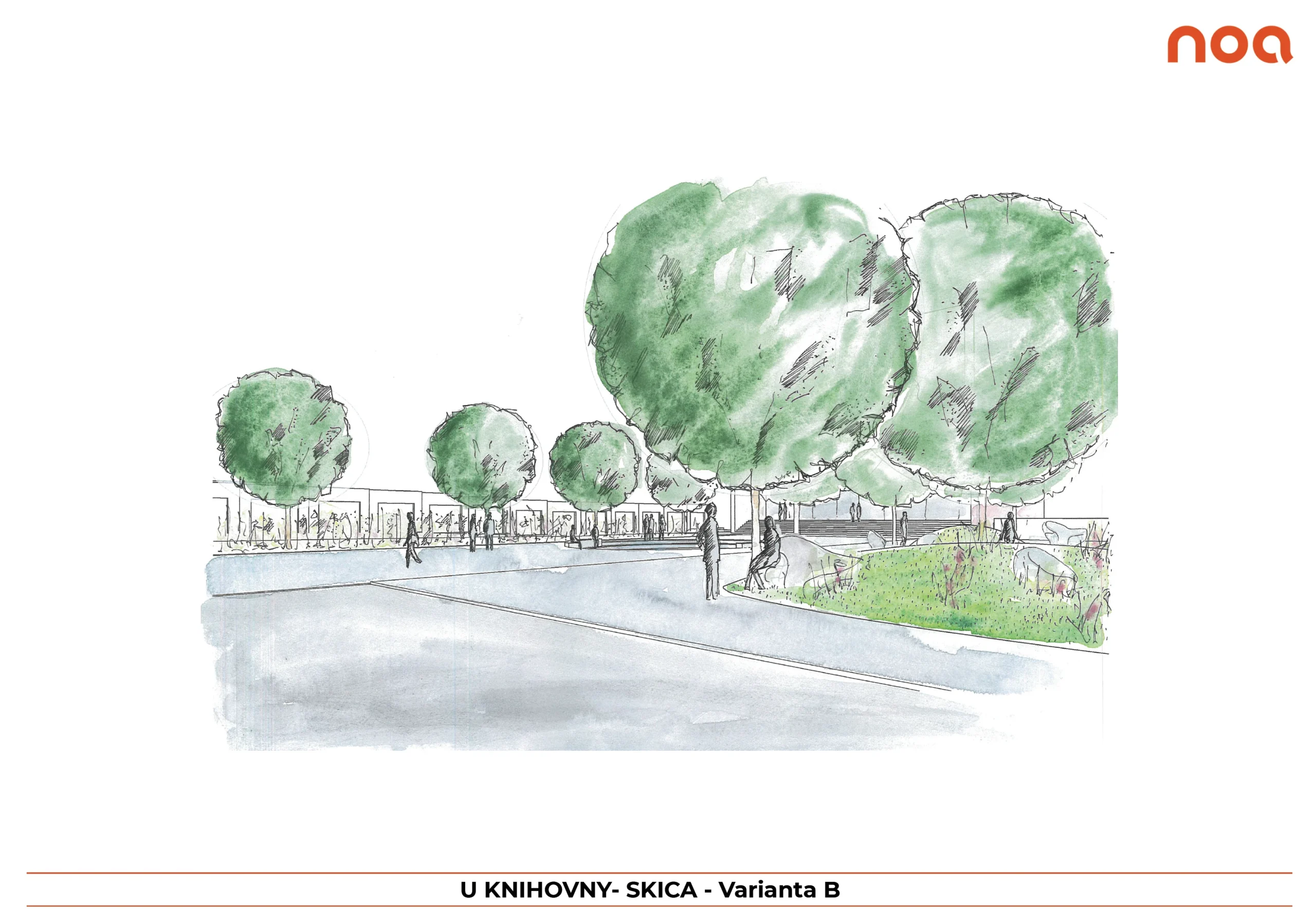 Varianta B: relaxační místo s vodním prvkem a zvlněnou zelenou plochou, odpočinkový mobiliář