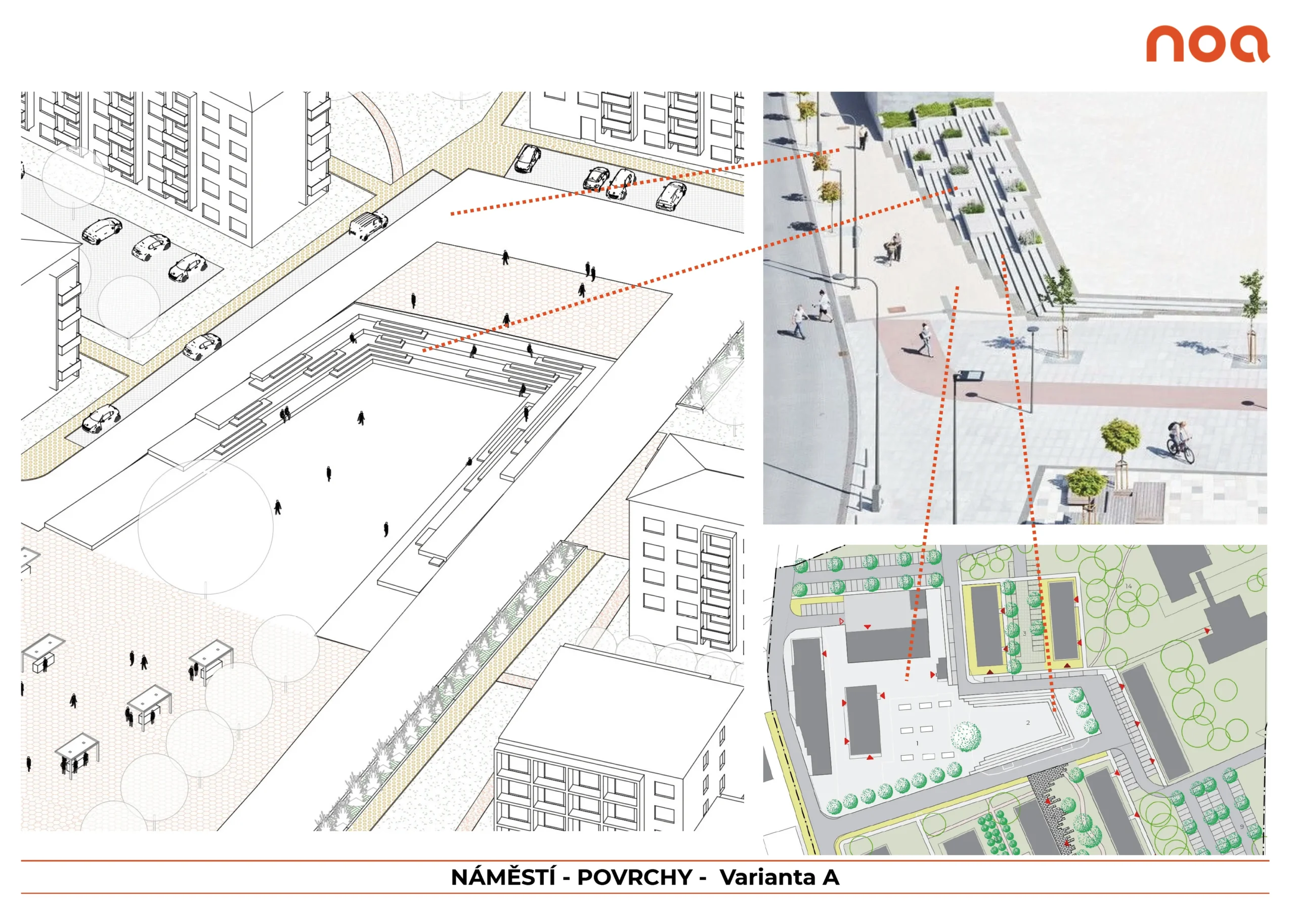Varianta A: převažují zpevněné povrchy, charakter dlážděného náměstí s menším podílem zeleně 