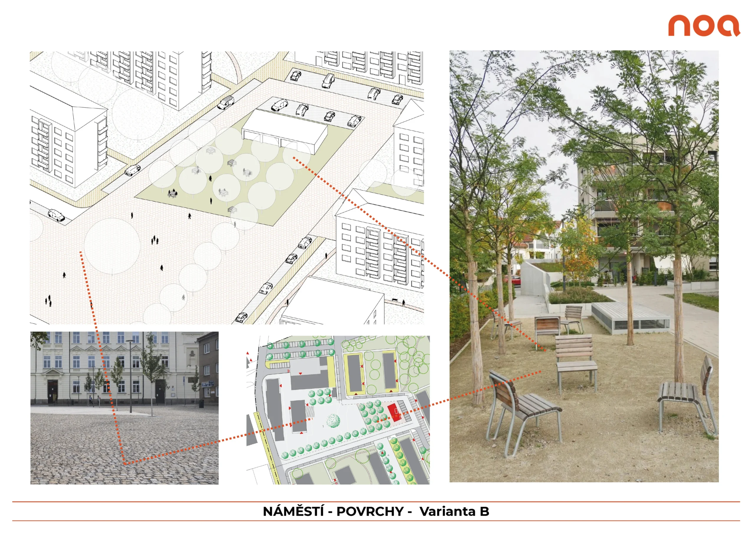 Varianta B: převažuje zeleň, charakter mlatového náměstí s hájky z listnatých stromů