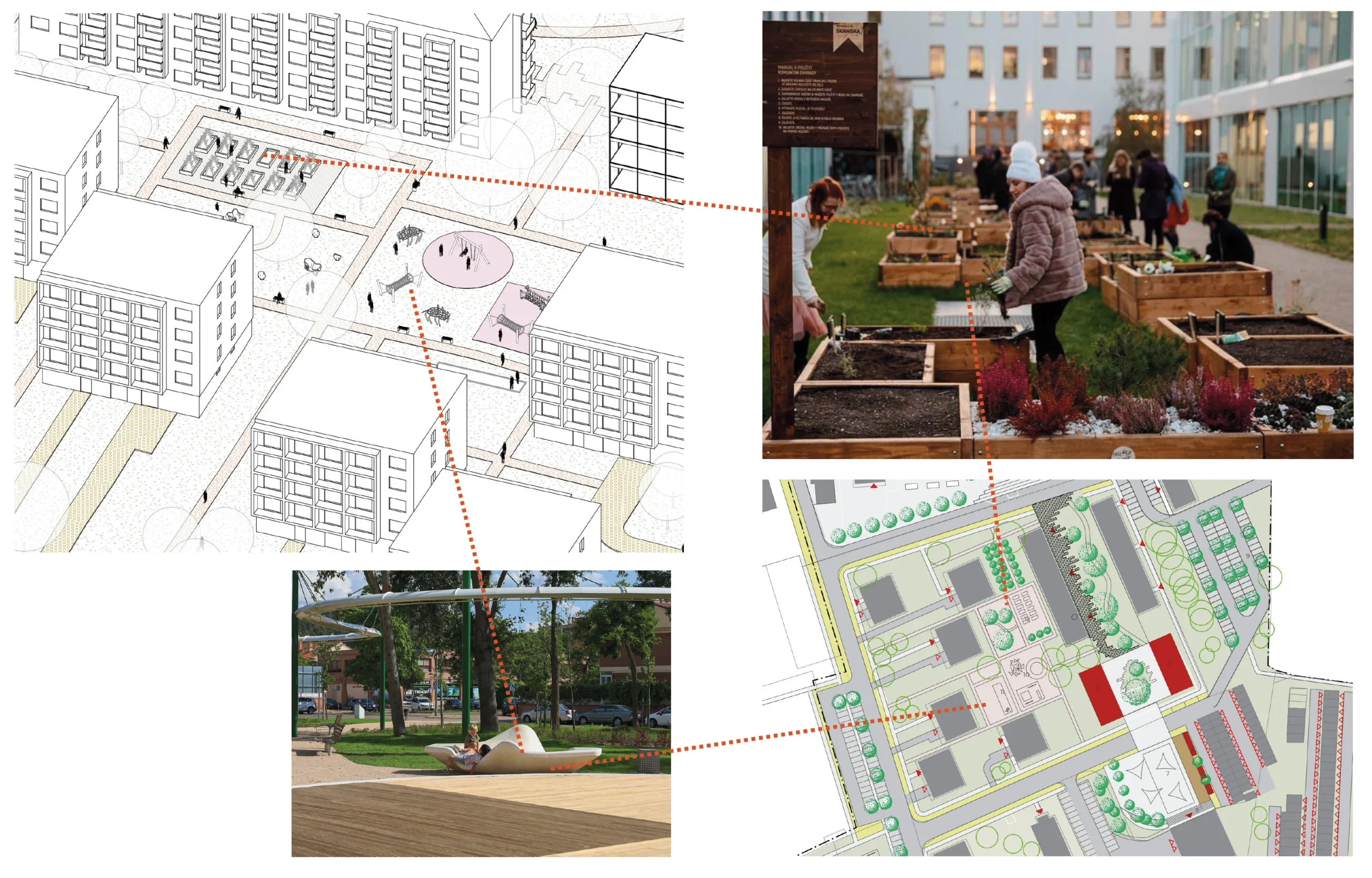 Varianta A: živé místo sloužící pro setkávání různých věkových skupin, dětské hřiště, altán pro sousedská setkávání, komunitní zahrádky