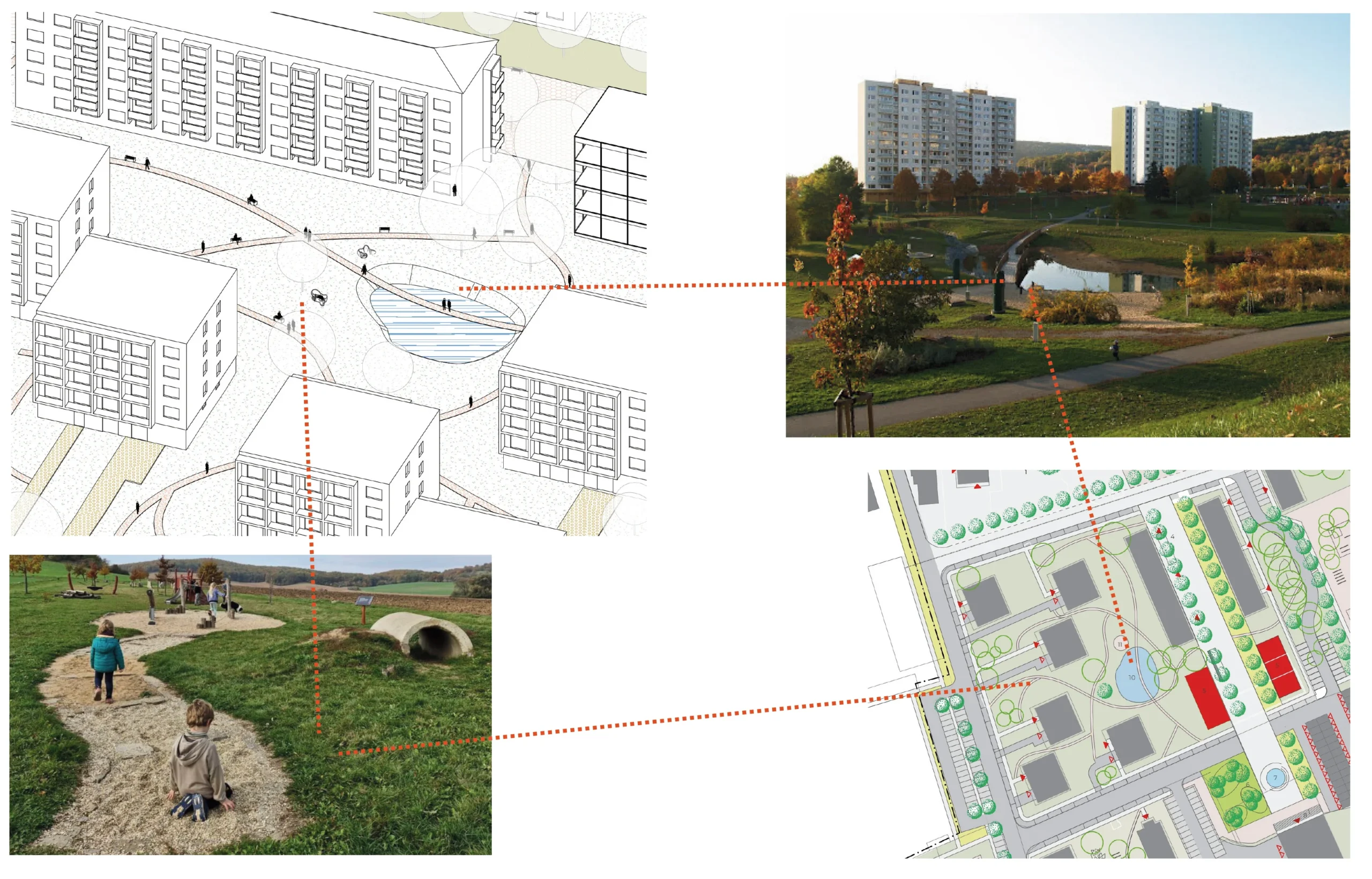 Varianta B: přírodní charakter prostoru, louka, mlatové cesty, jezírko, lavičky