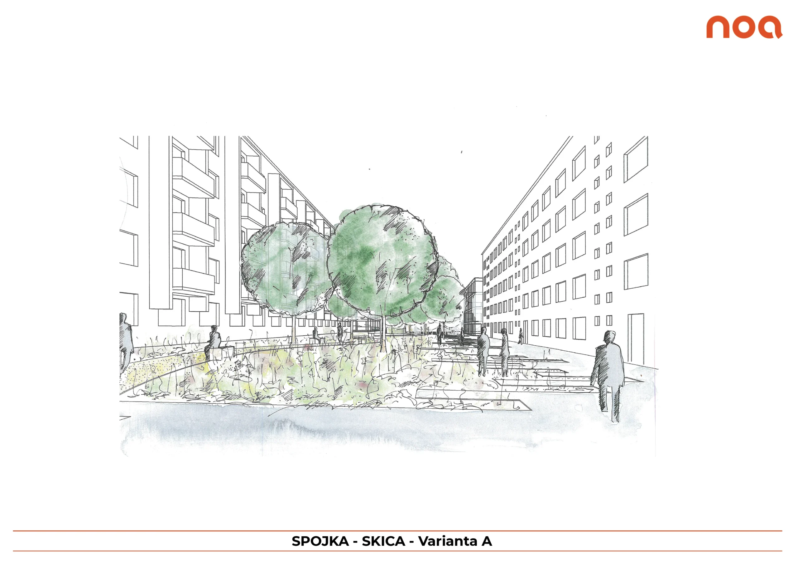 Varianta A: parková úprava SPOJKY s klidným charakterem, s rozsáhlou zelení a parkovým mobiliářem 