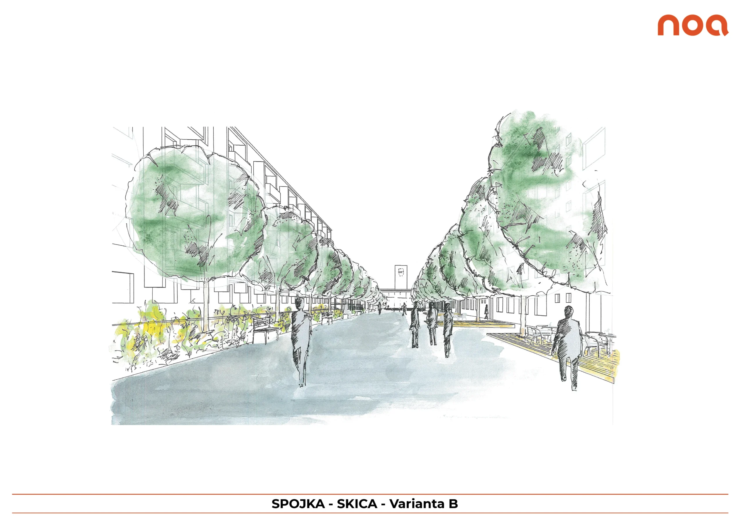 Varianta B: SPOJKA má charakter dlážděné pěší třídy, lemuje ji alej stromů a posedový mobiliář