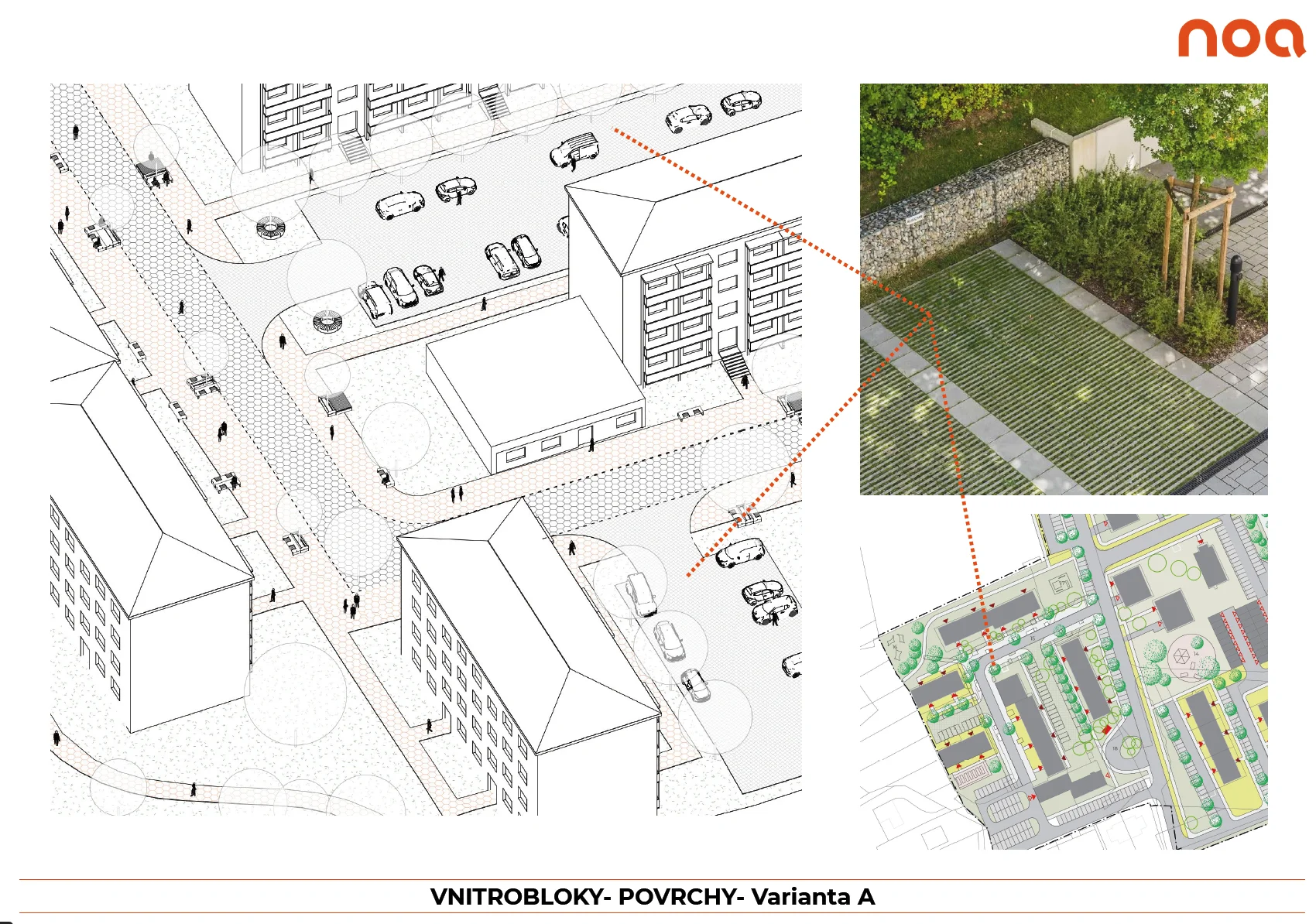 Varianta A: Parkovací plochy jsou přemístěny do VNITROBLOKŮ, ulice povýšeny na prostory pobytové. 