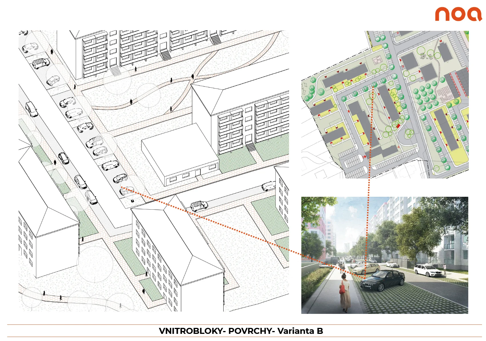 Varianta B: Parkovací místa jsou situována podél komunikací, zachování VNITROBLOKŮ ve stavu, v jakém jsou, s drobnými úpravami, mobiliářem a s mlatovými cestami. 